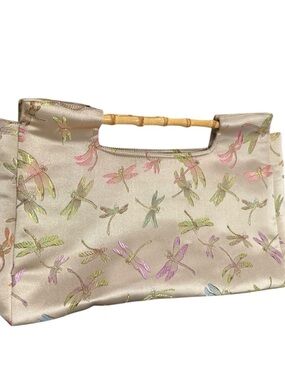 Satin Dragonfly Print Handbag with Bamboo Handle - Cream